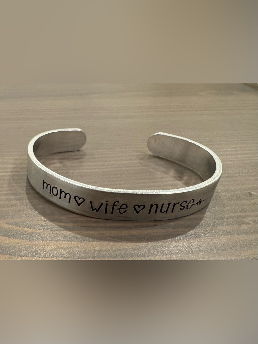 Engraved Silver 'Mom ♥ Wife ♥ Nurse' Inspirational Cuff Bracelet